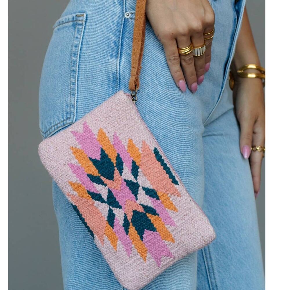 Aztec Wristlet Bag Pink Teal Orange
